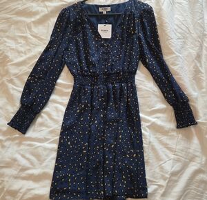 BB Dakota Navy Dress with Gold Print, Long Sleeves